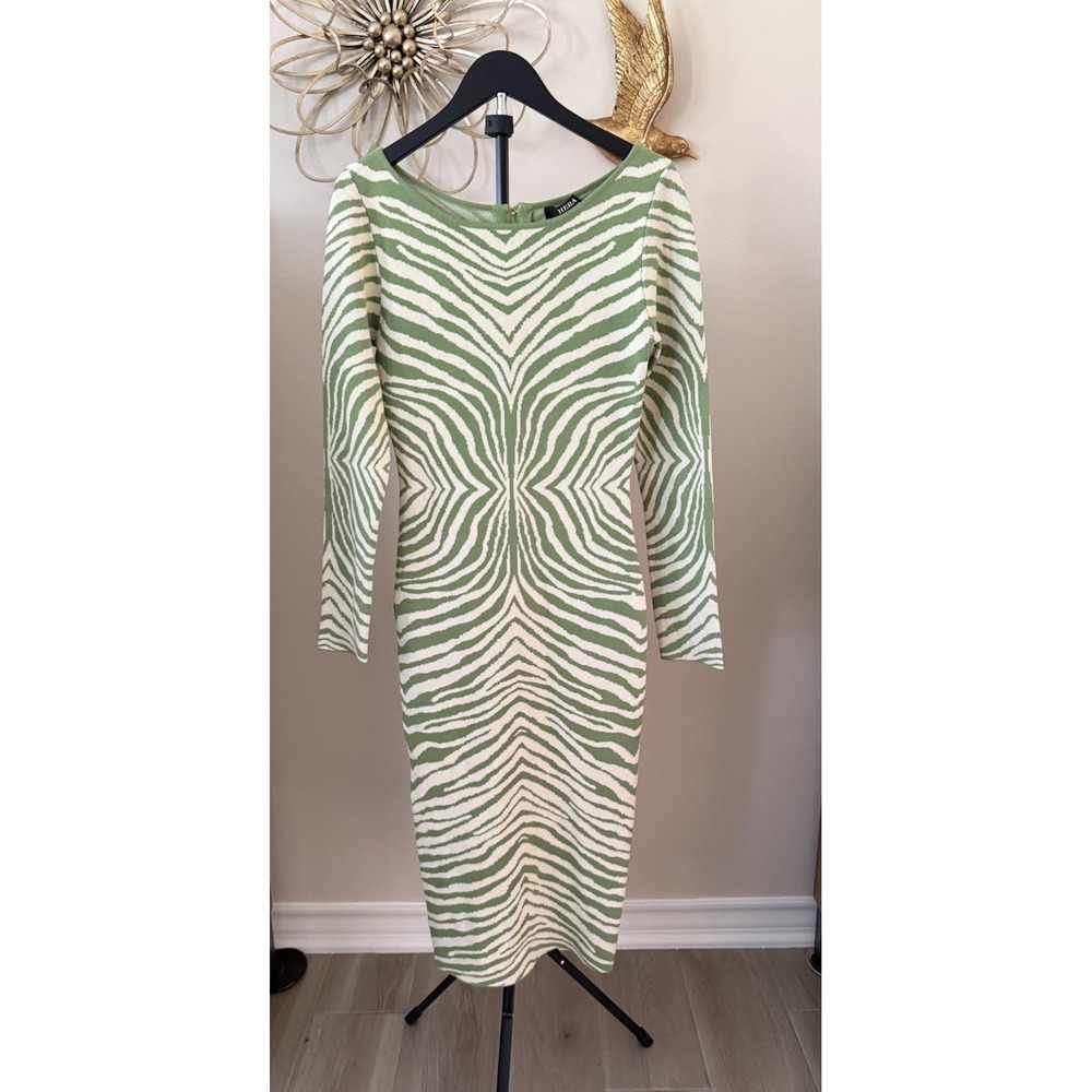Hera Collection Green Zebra Print Bodycon Midi Dress Longβ Sleeve Size L